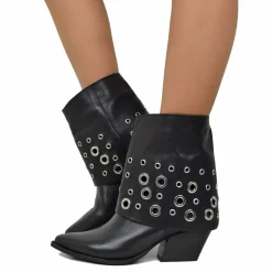 Ankle Boots with Gaiter and Silver Studs, Genuine Leather, 7 cm Heel