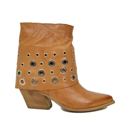 Ankle Boots with Gaiter and Silver Studs, Genuine Leather, 7 cm Heel