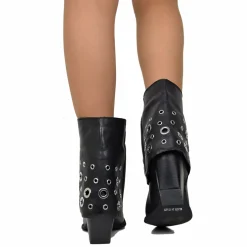 Ankle Boots with Gaiter and Silver Studs, Genuine Leather, 7 cm Heel