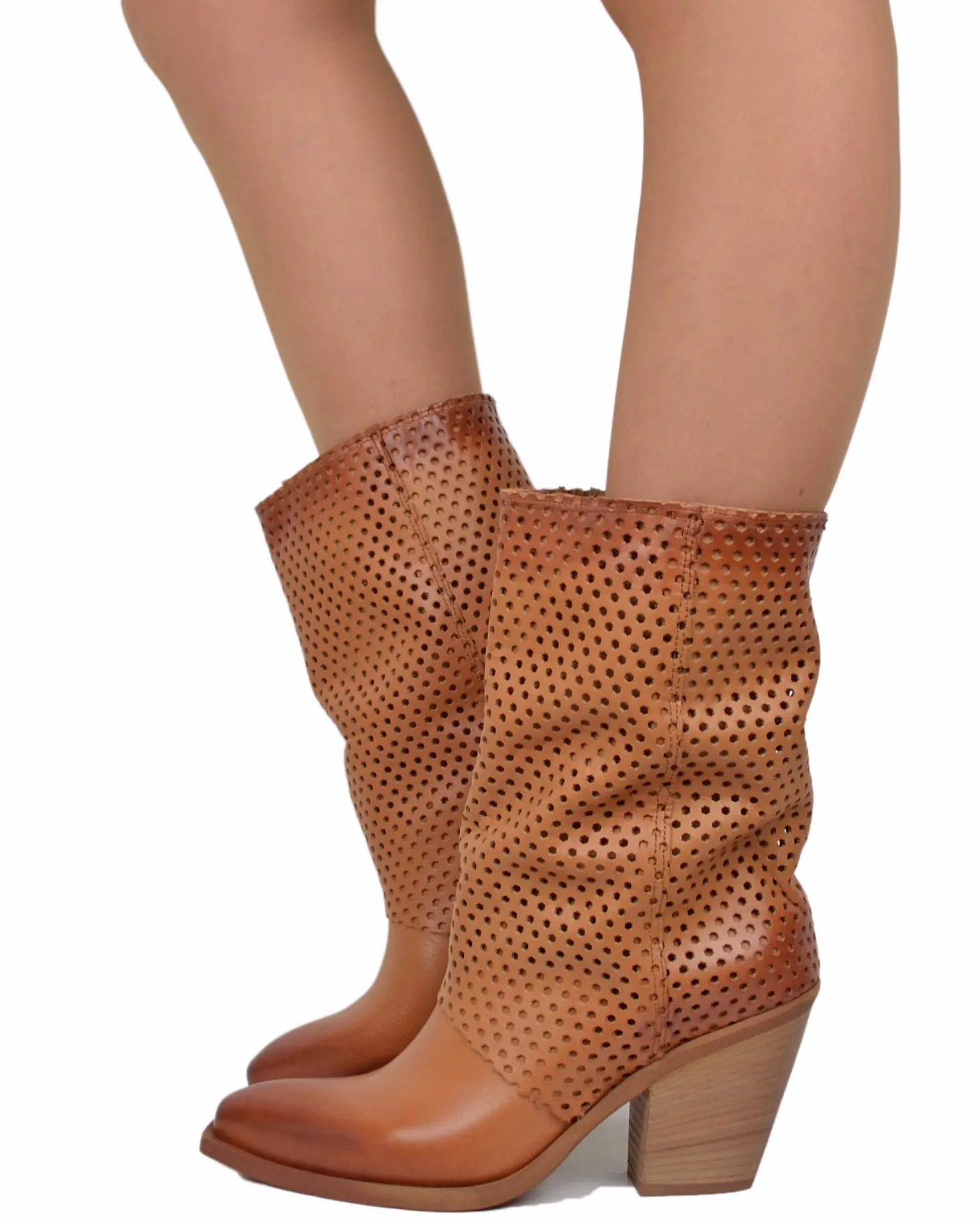 Ankle Cowboy Boots – Perforated Cuff, Leather-Covered Heel