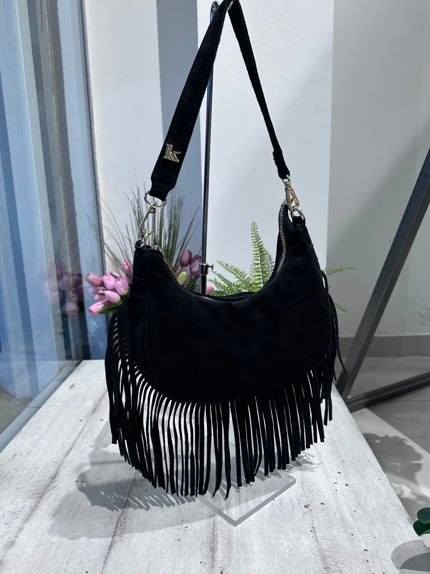 ARYA Black Crescent Genuine Suede Fringe Bag