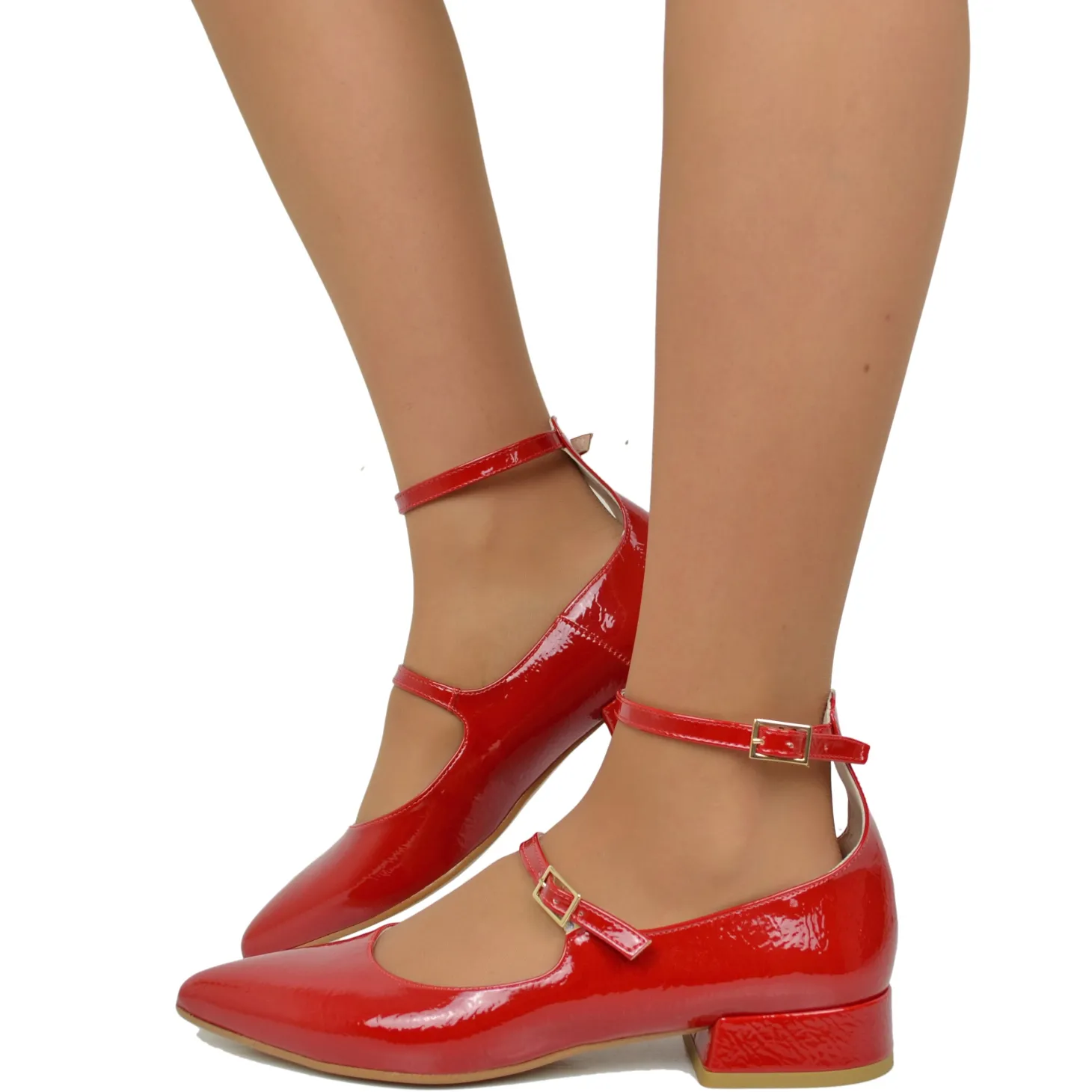 Ballerine Donna a Punta color Rosso Lucido Mary Jane Made in Italy