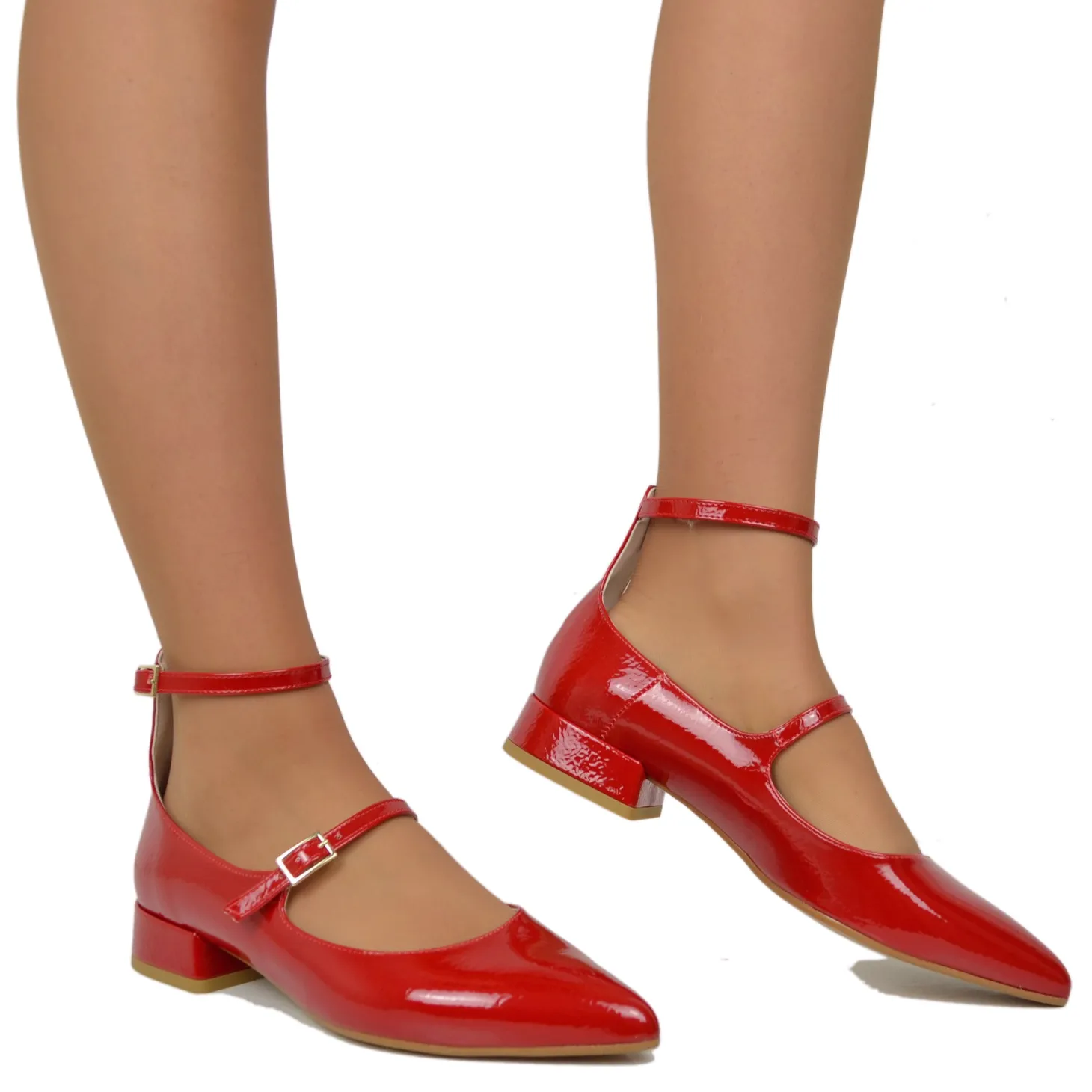 Ballerine Donna a Punta color Rosso Lucido Mary Jane Made in Italy