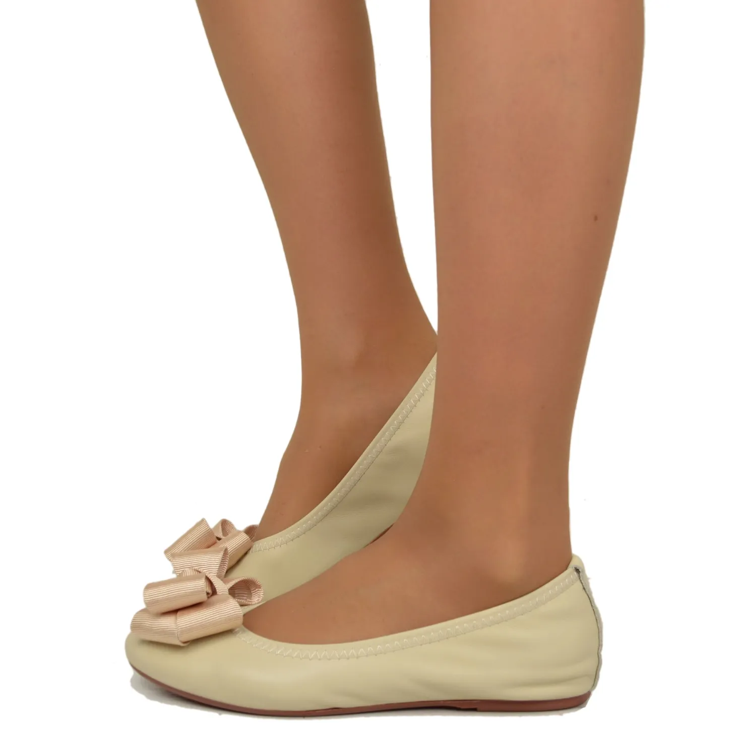 Ballerine in Nappa Beige Elasticizzate con Zeppetta interna