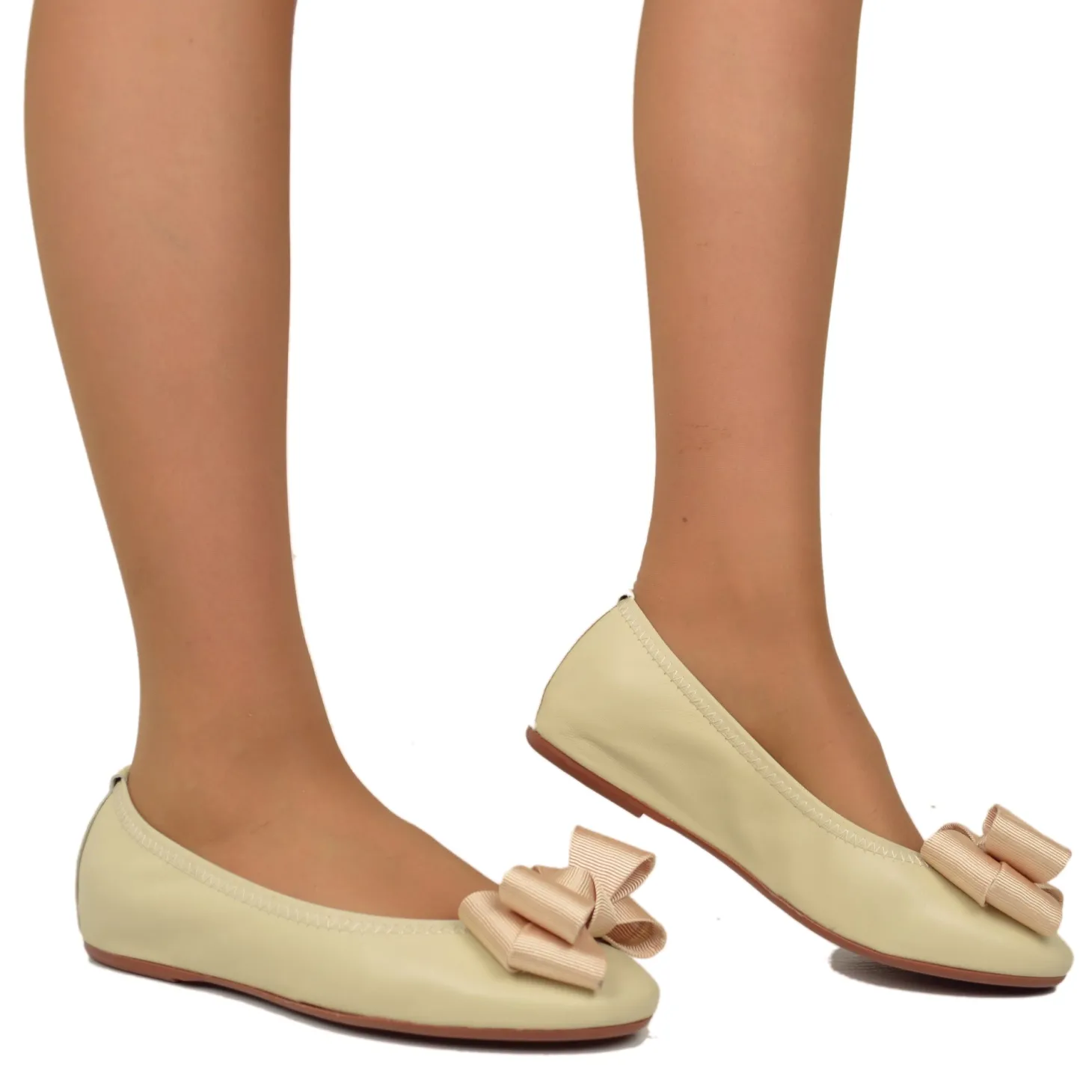 Ballerine in Nappa Beige Elasticizzate con Zeppetta interna
