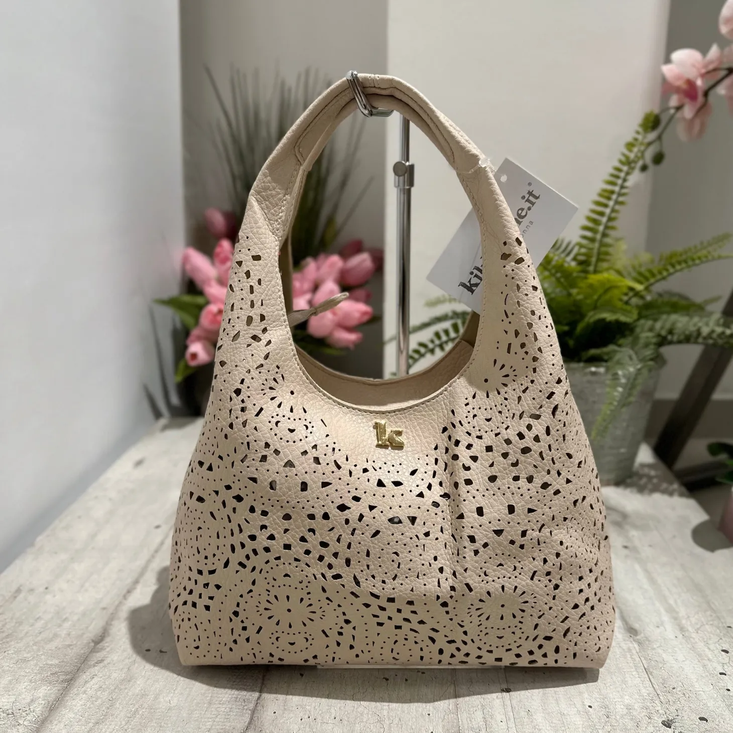 Beige Laser-Cut Faux Leather Bag with Inner Pouch & Strap – BRIDGET