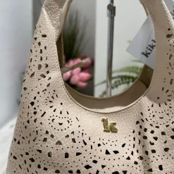 Beige Laser-Cut Faux Leather Bag with Inner Pouch & Strap – BRIDGET