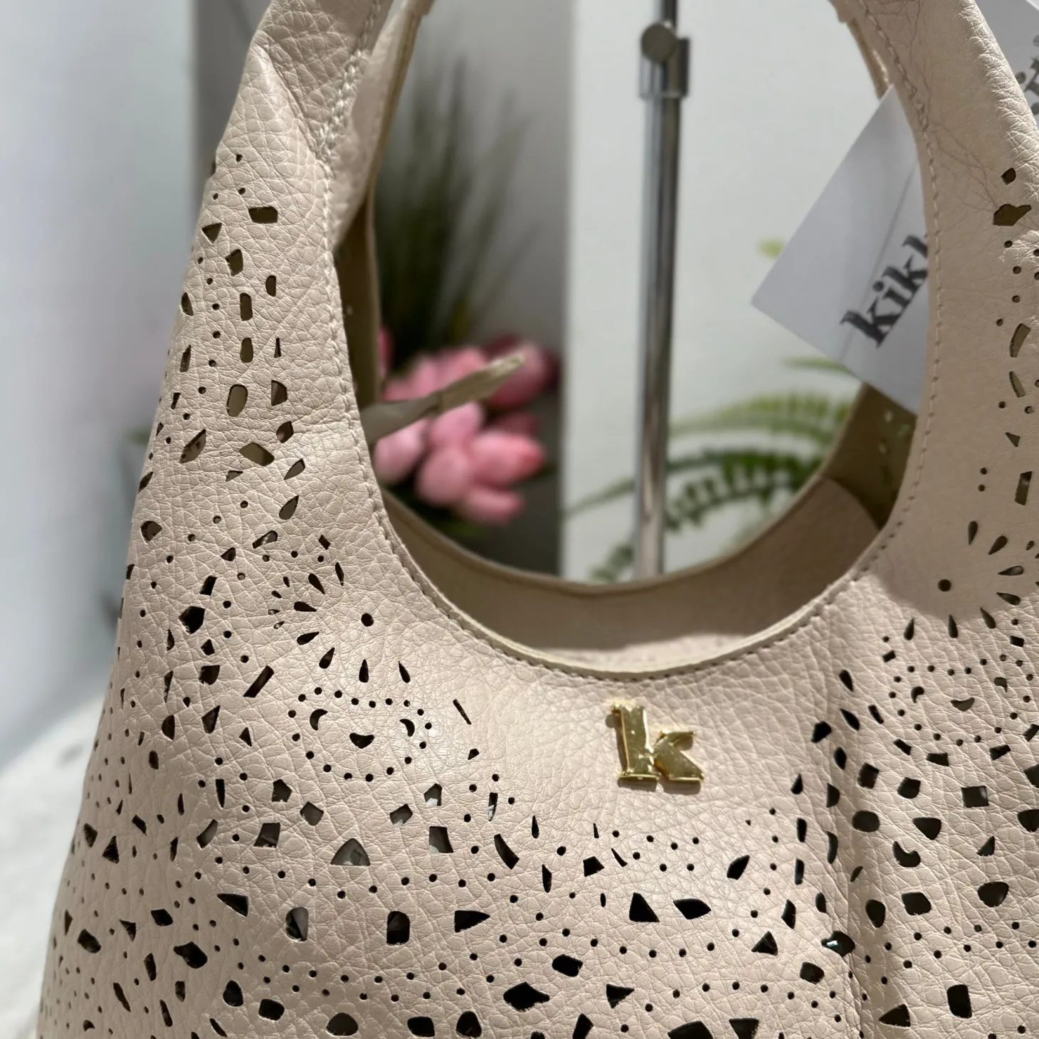 Beige Laser-Cut Faux Leather Bag with Inner Pouch & Strap – BRIDGET
