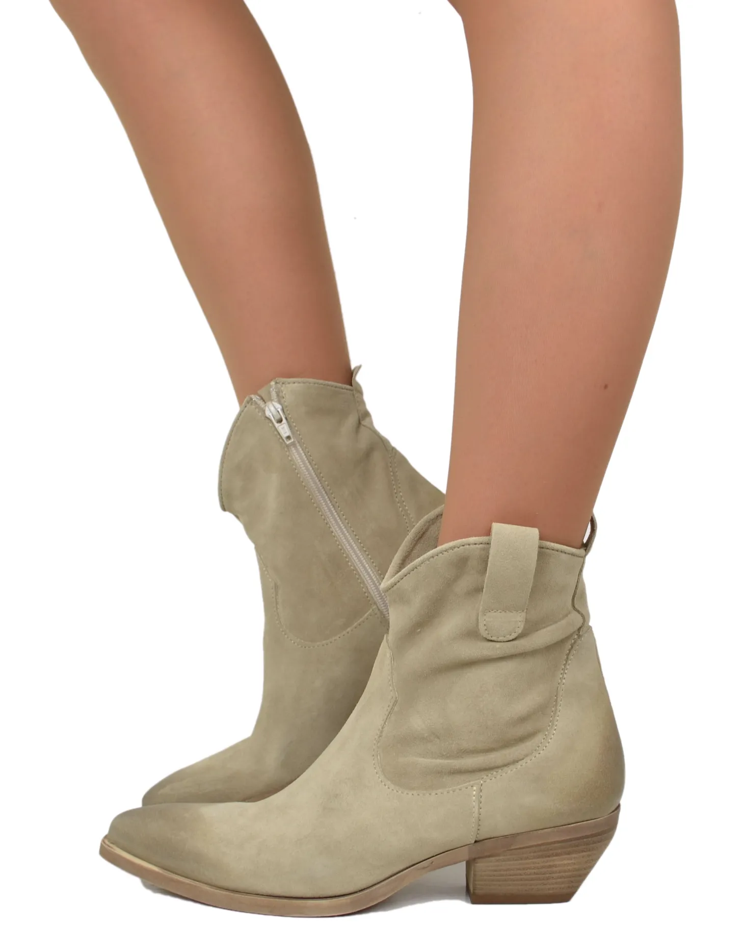 Beige Suede Texan Ankle Boots – Genuine Leather, 5 cm Heel & Zip