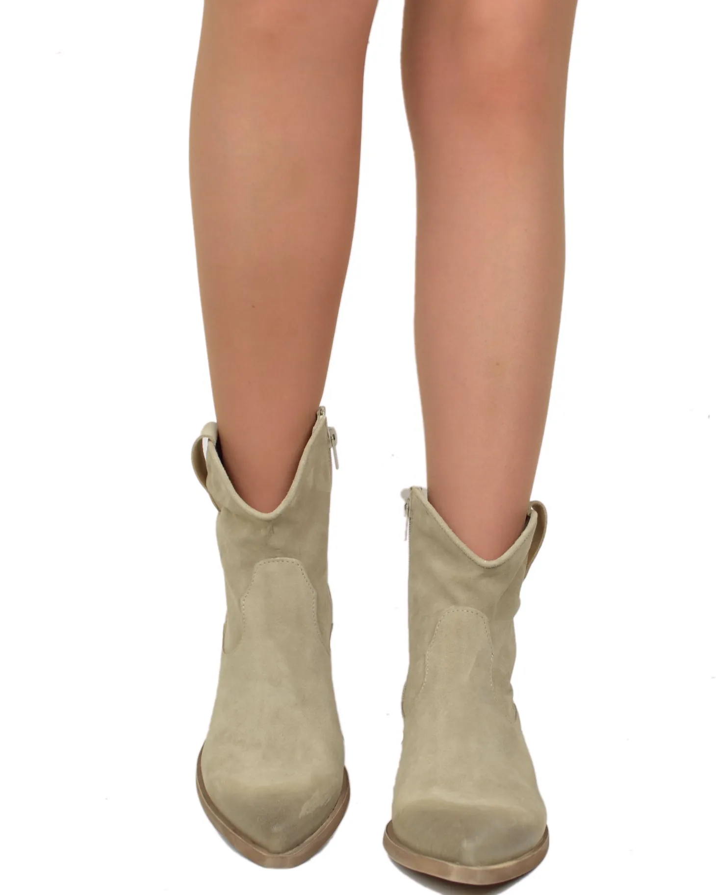 Beige Suede Texan Ankle Boots – Genuine Leather, 5 cm Heel & Zip