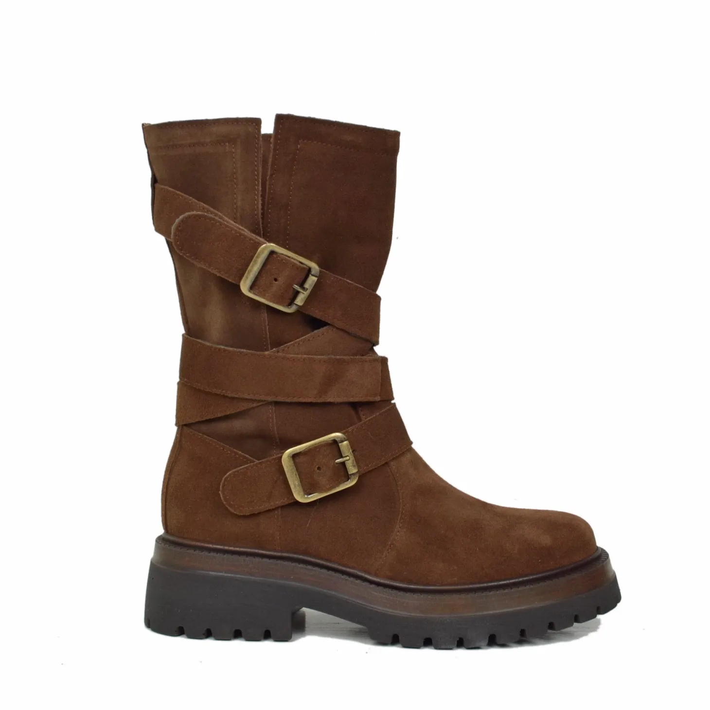 Biker Boots Donna in Pelle Scamosciata Marroni Made in Italy con Fibbi
