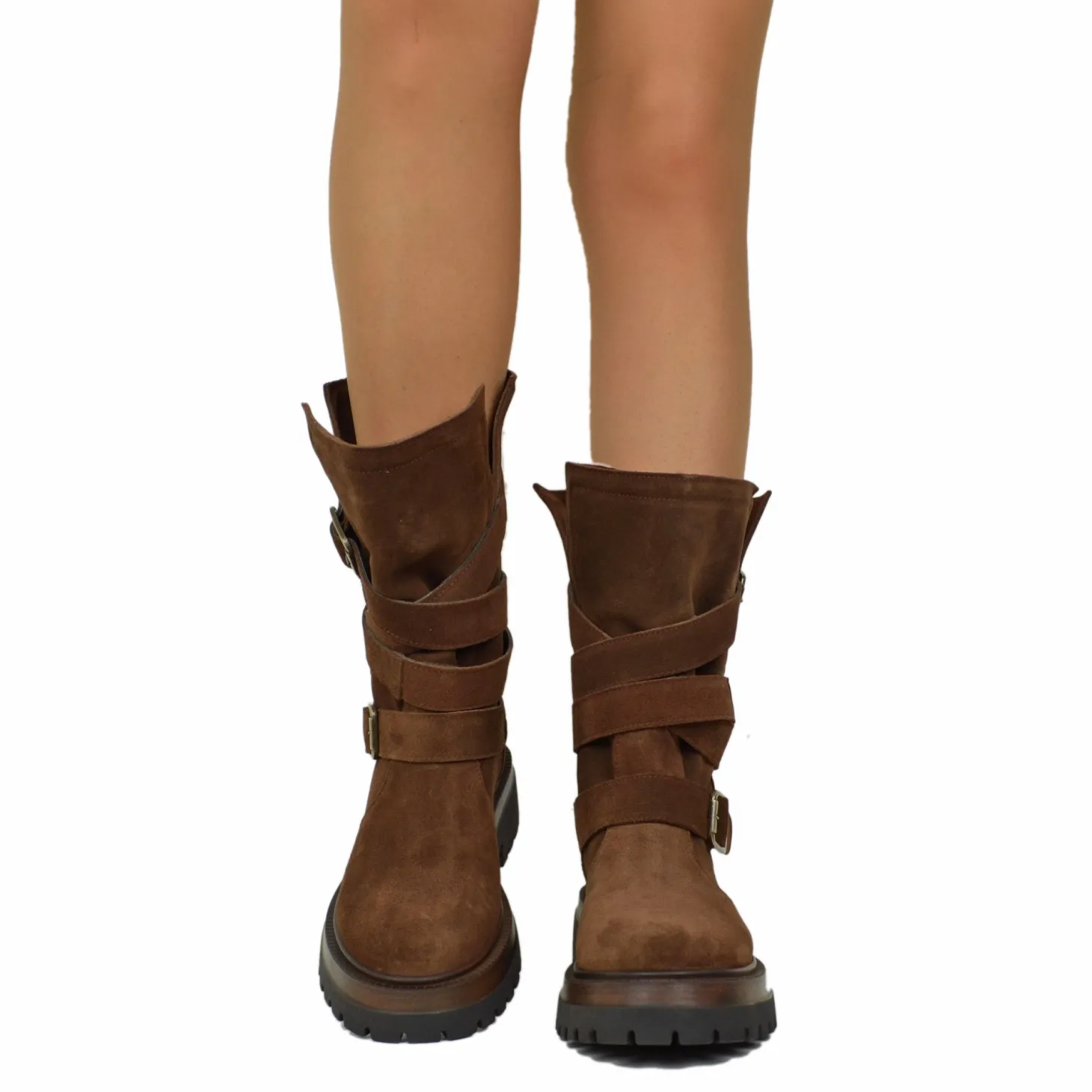 Biker Boots Donna in Pelle Scamosciata Marroni Made in Italy con Fibbi