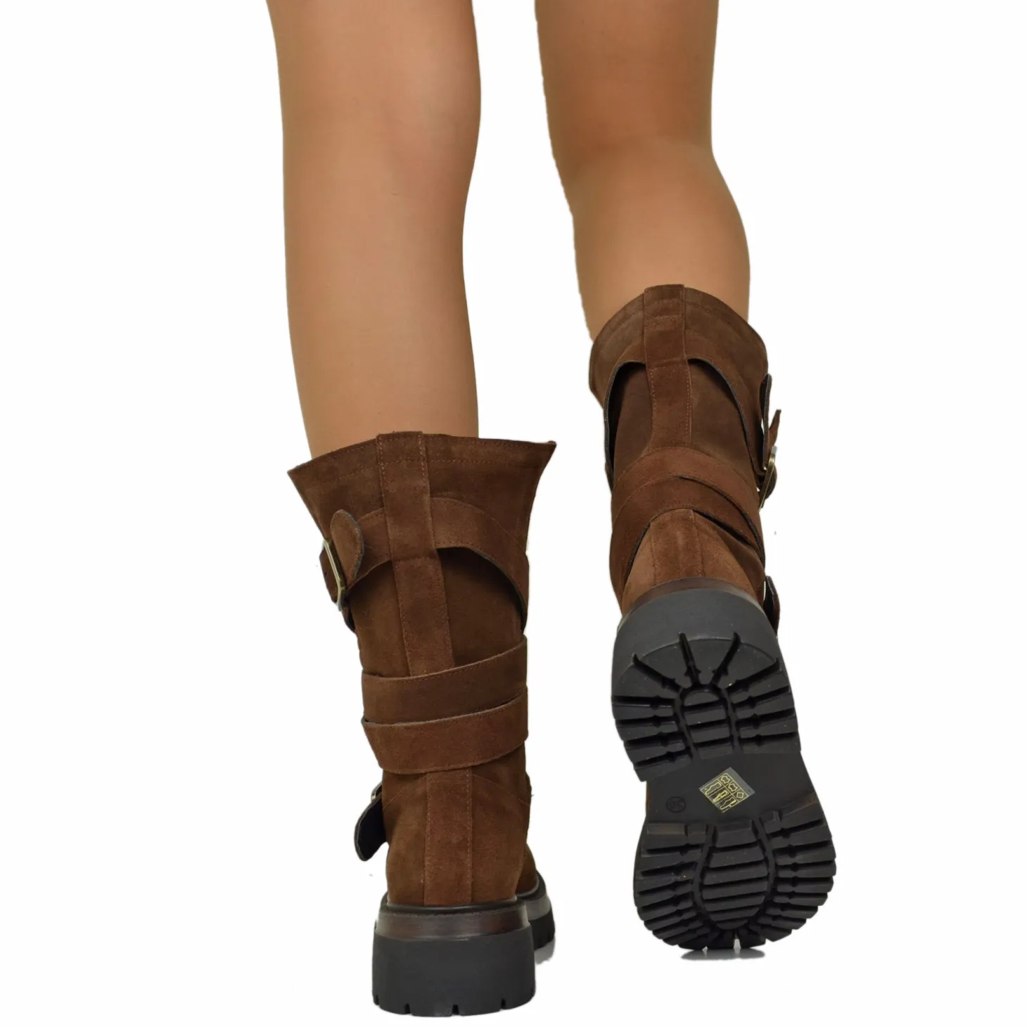 Biker Boots Donna in Pelle Scamosciata Marroni Made in Italy con Fibbi