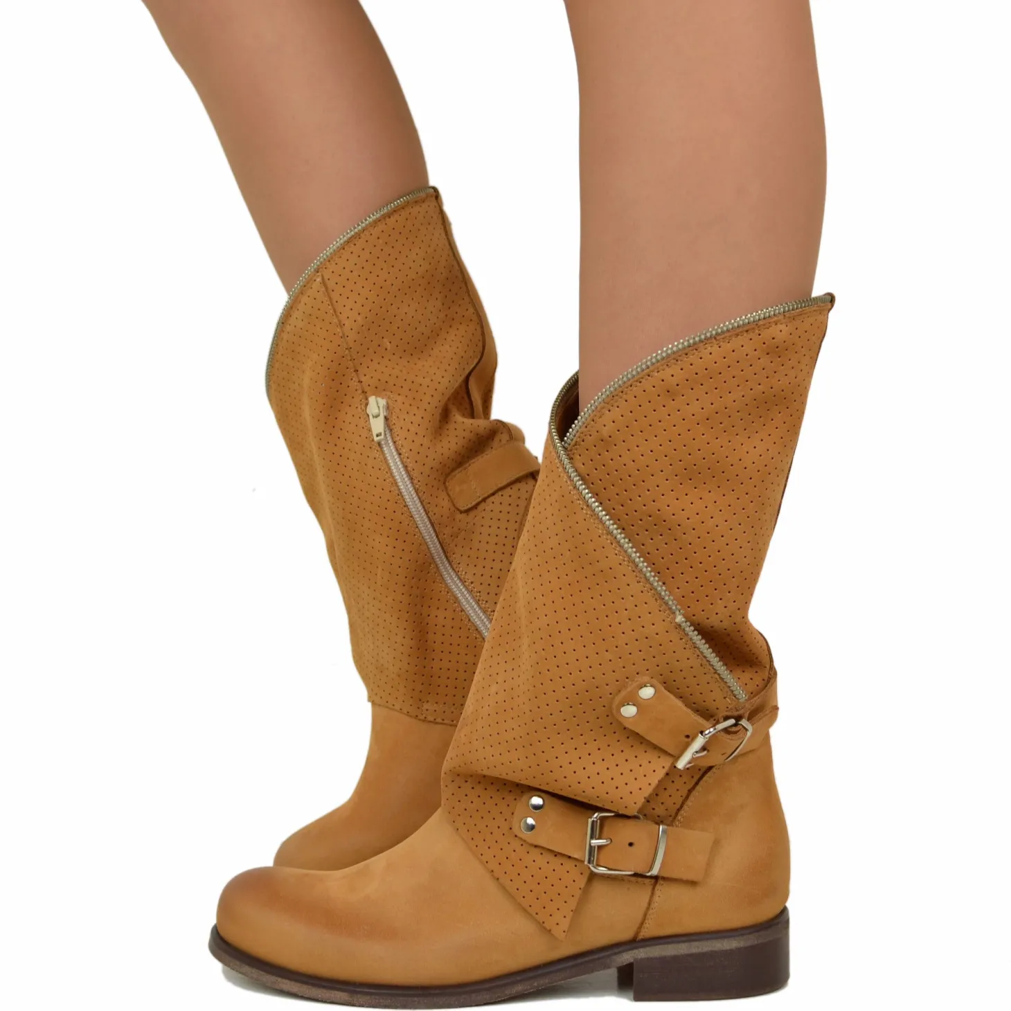 Biker Boots Stivali in Pelle Marroni Traforata Made in Italy