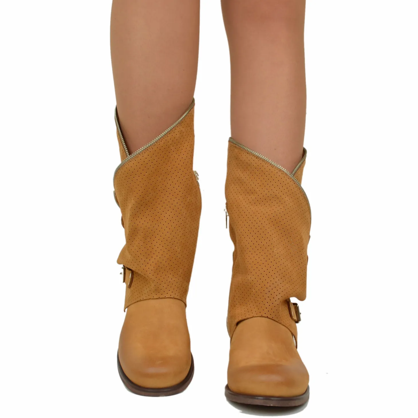 Biker Boots Stivali in Pelle Marroni Traforata Made in Italy