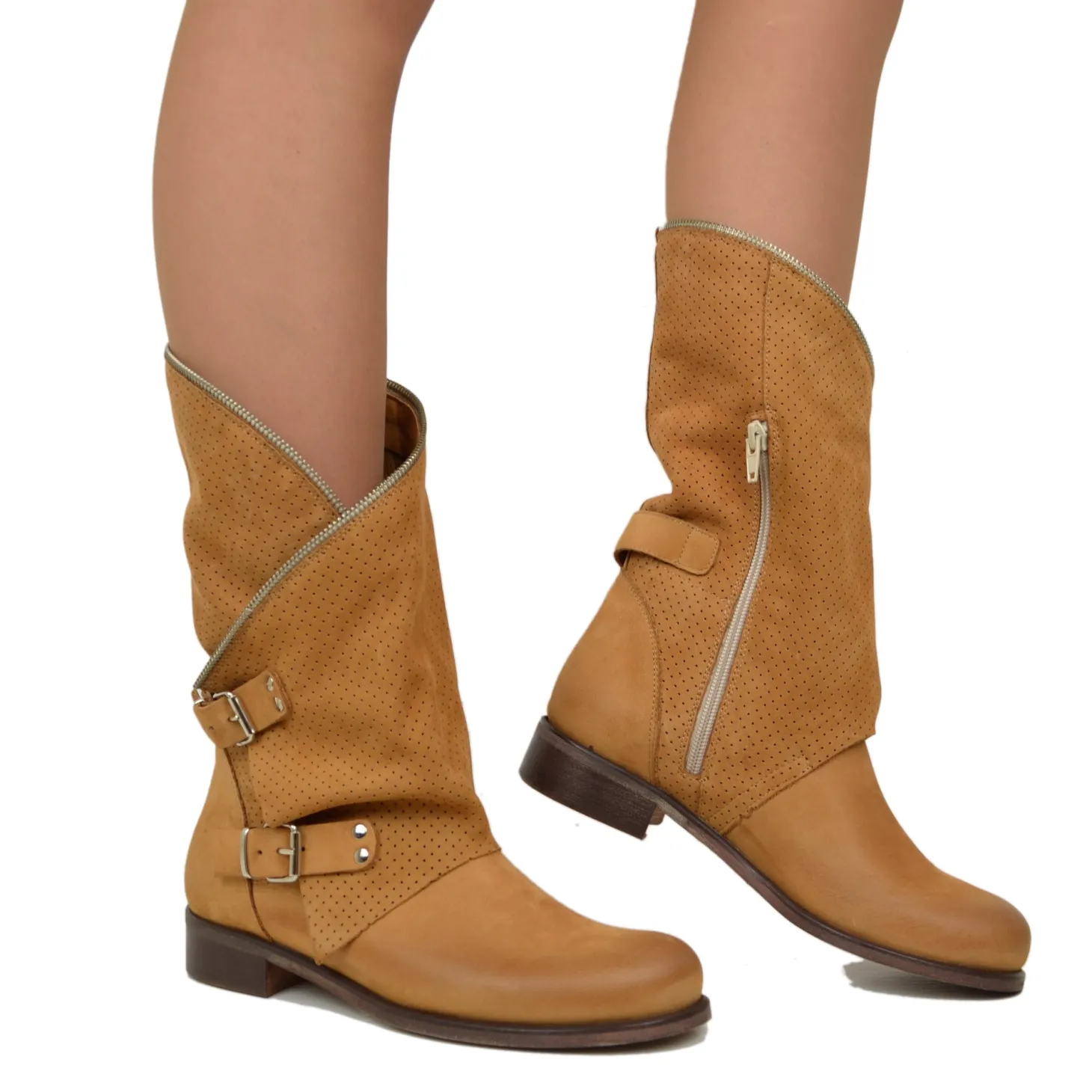 Biker Boots Stivali in Pelle Marroni Traforata Made in Italy