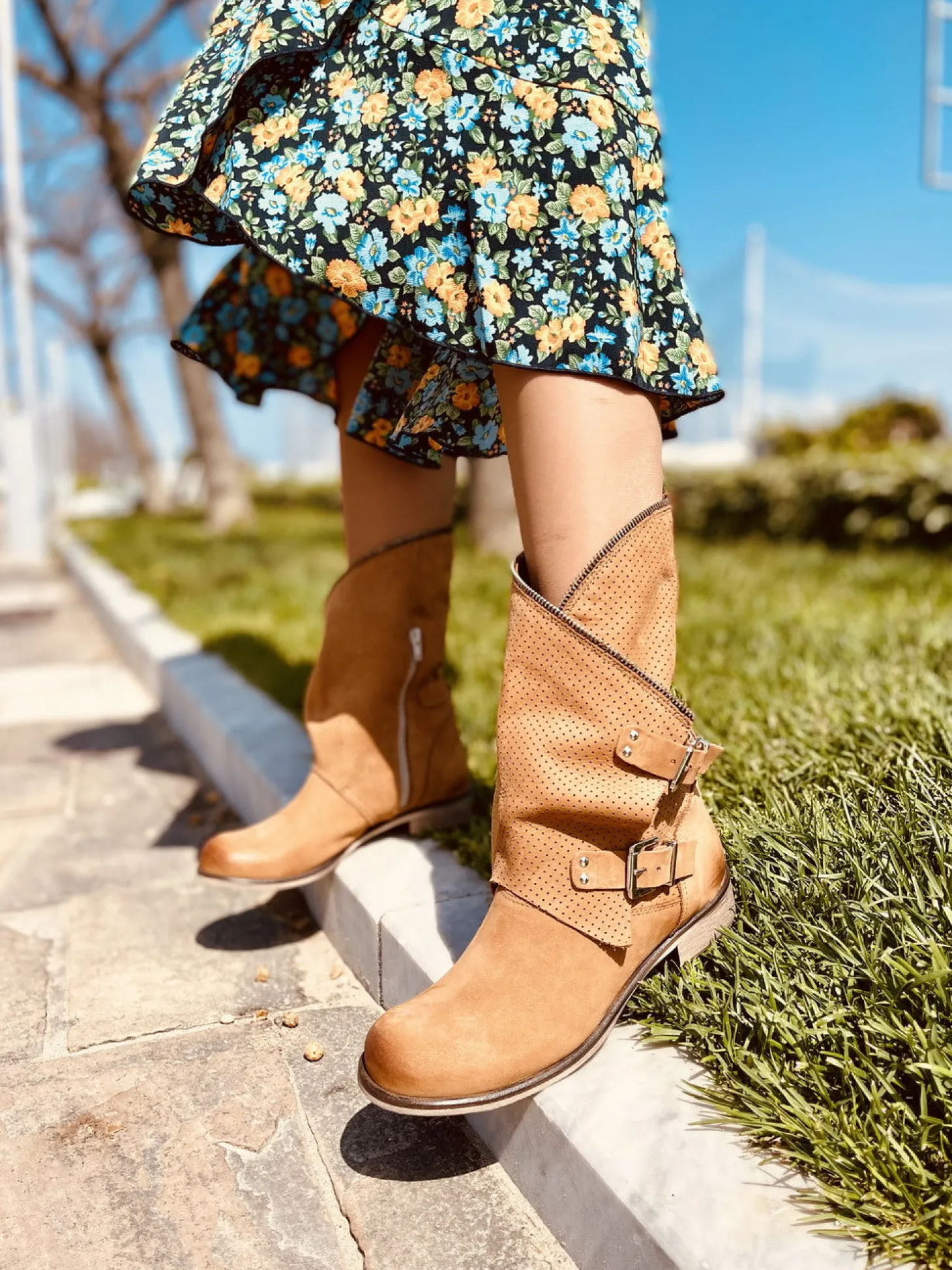 Biker Boots Stivali in Pelle Marroni Traforata Made in Italy