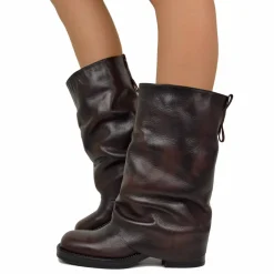 Biker con Ghetta Punta Quadrata Mid-High Vera Pelle Testa di Moro