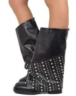 Biker with Gaiter Square Toe Mid-High Real Leather Black Studded
