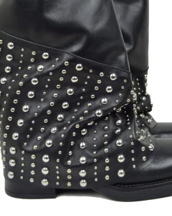 Biker with Gaiter Square Toe Mid-High Real Leather Black Studded