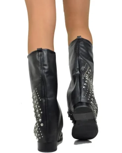 Biker with Gaiter Square Toe Mid-High Real Leather Black Studded