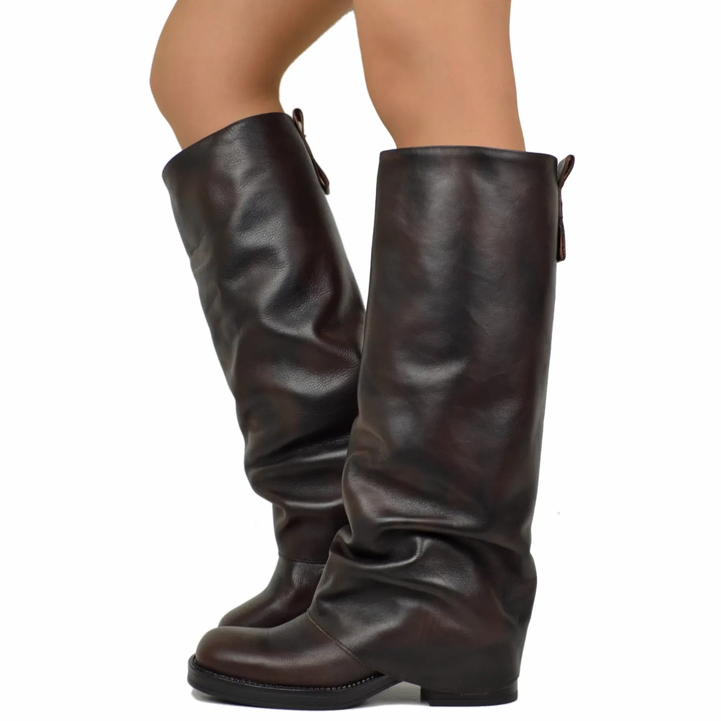 Biker with Square Toe Gaiter Super-High Genuine Dark Brown Leather
