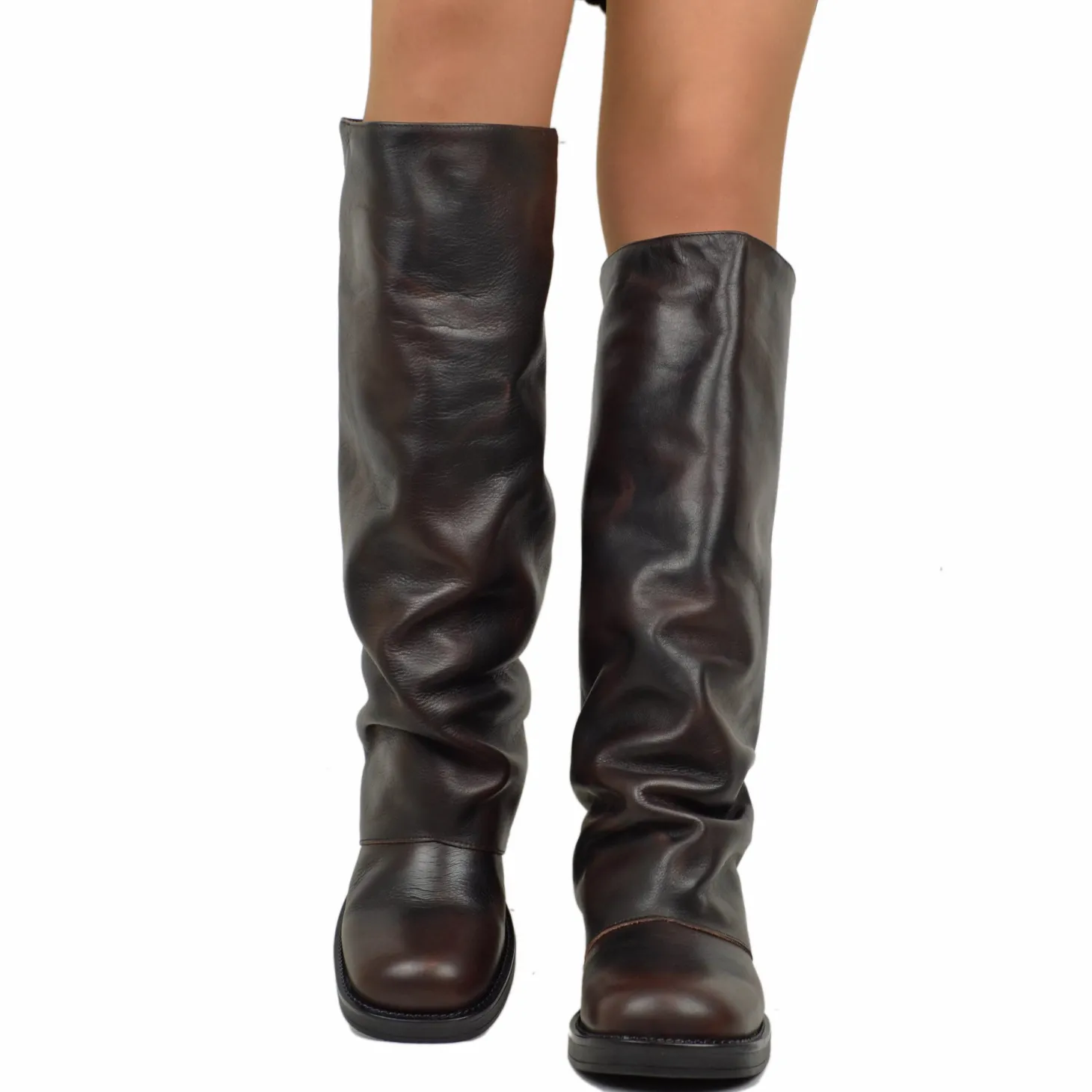 Biker with Square Toe Gaiter Super-High Genuine Dark Brown Leather