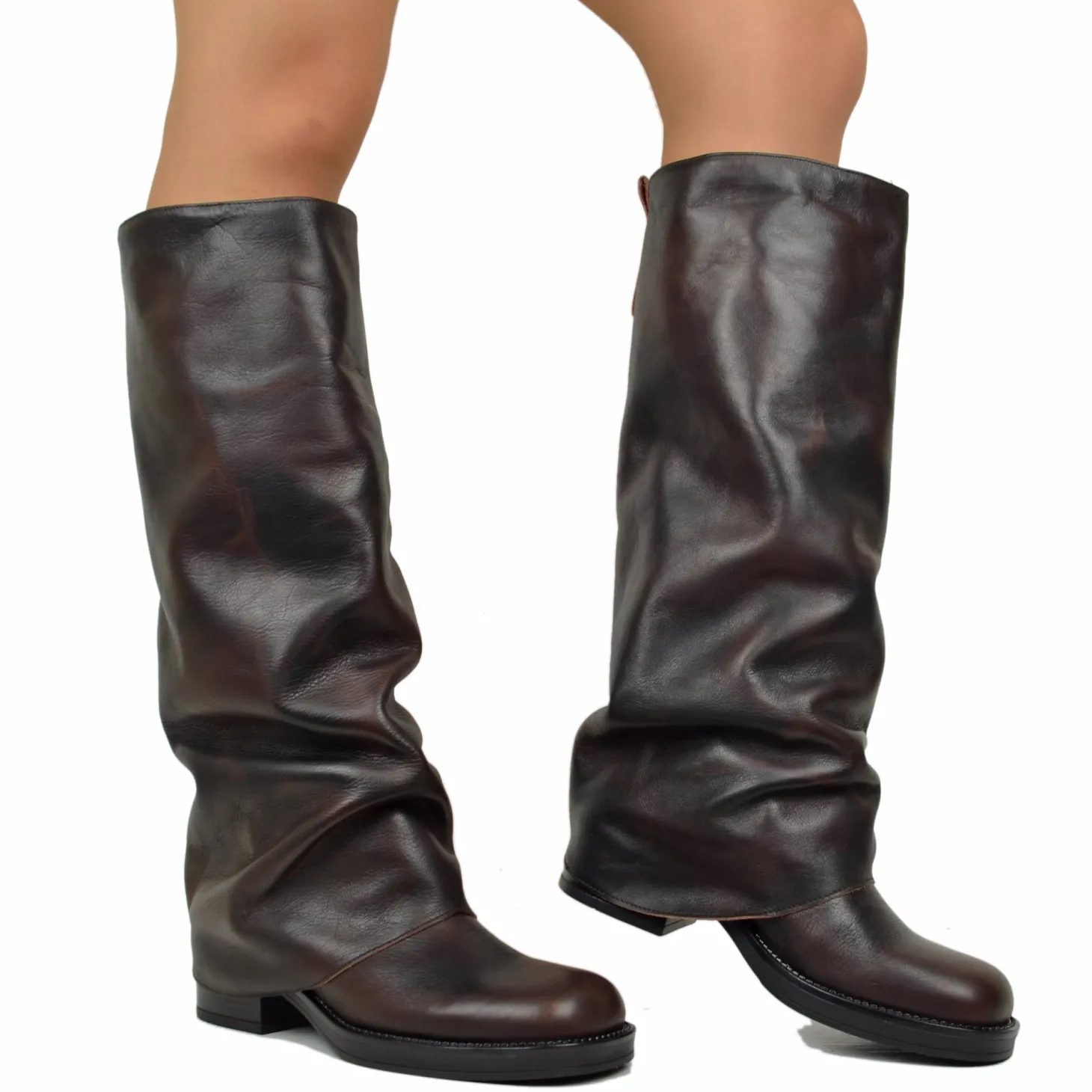 Biker with Square Toe Gaiter Super-High Genuine Dark Brown Leather