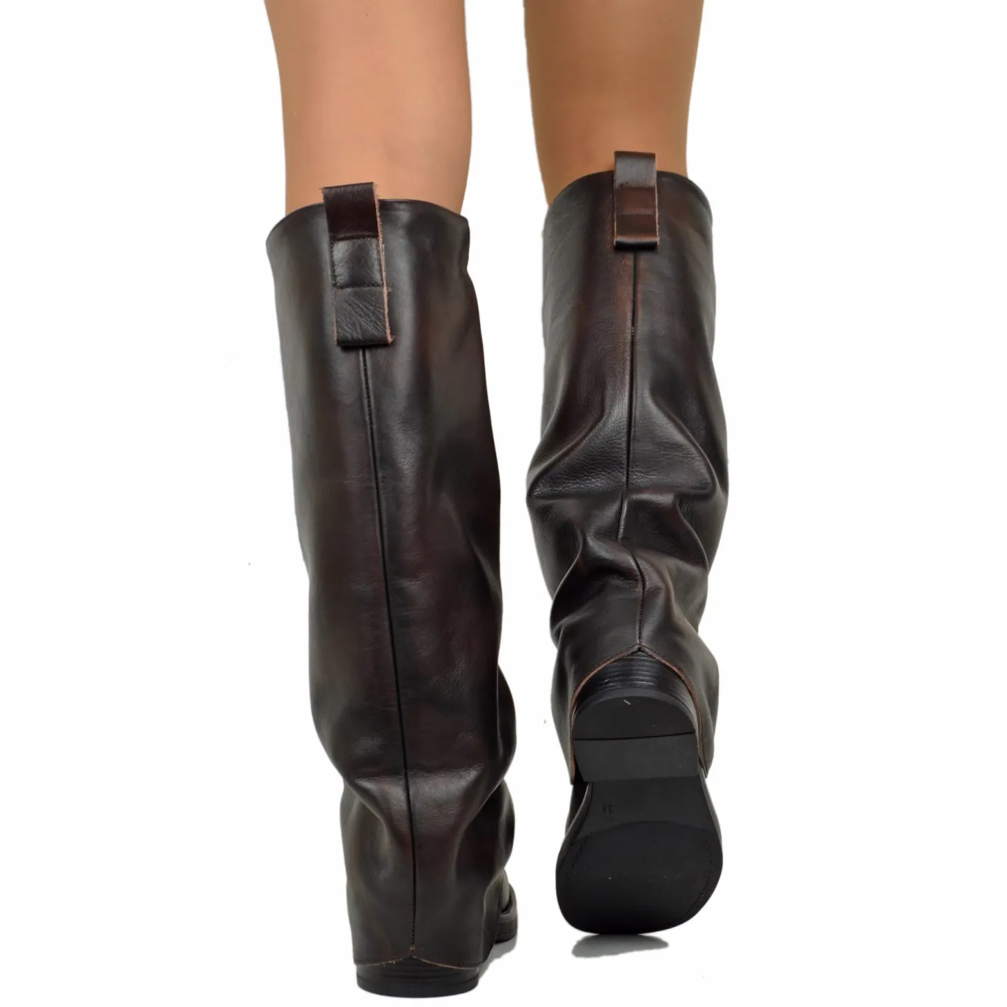 Biker with Square Toe Gaiter Super-High Genuine Dark Brown Leather