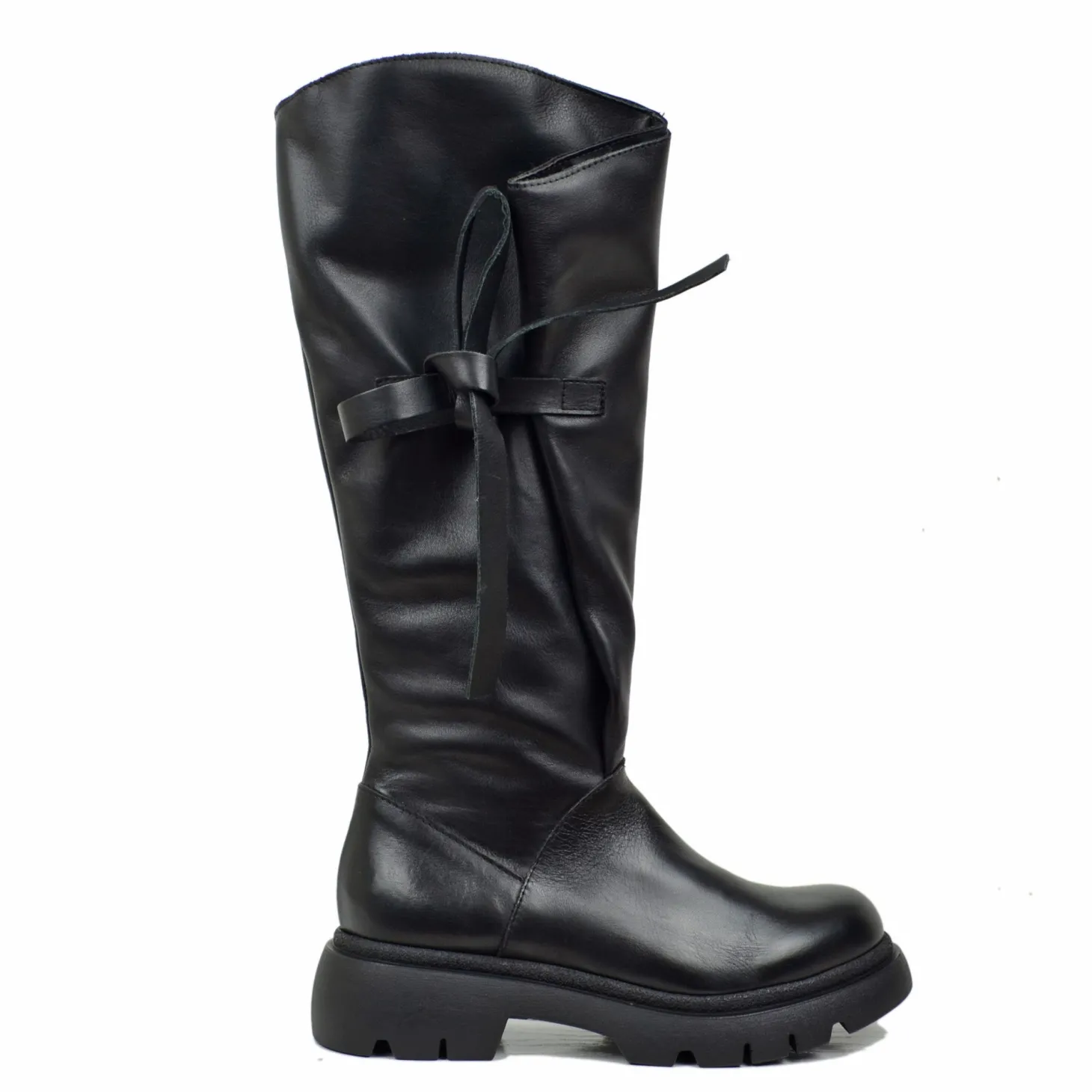 Black Genuine Leather Adjustable Strong Calf Wide Leg Boots