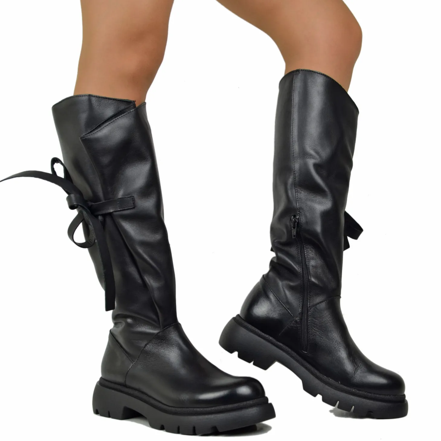 Black Genuine Leather Adjustable Strong Calf Wide Leg Boots