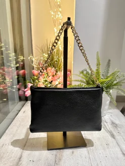 Black Genuine Leather Bag with Zip Shoulder Chain and Internal Shoulde