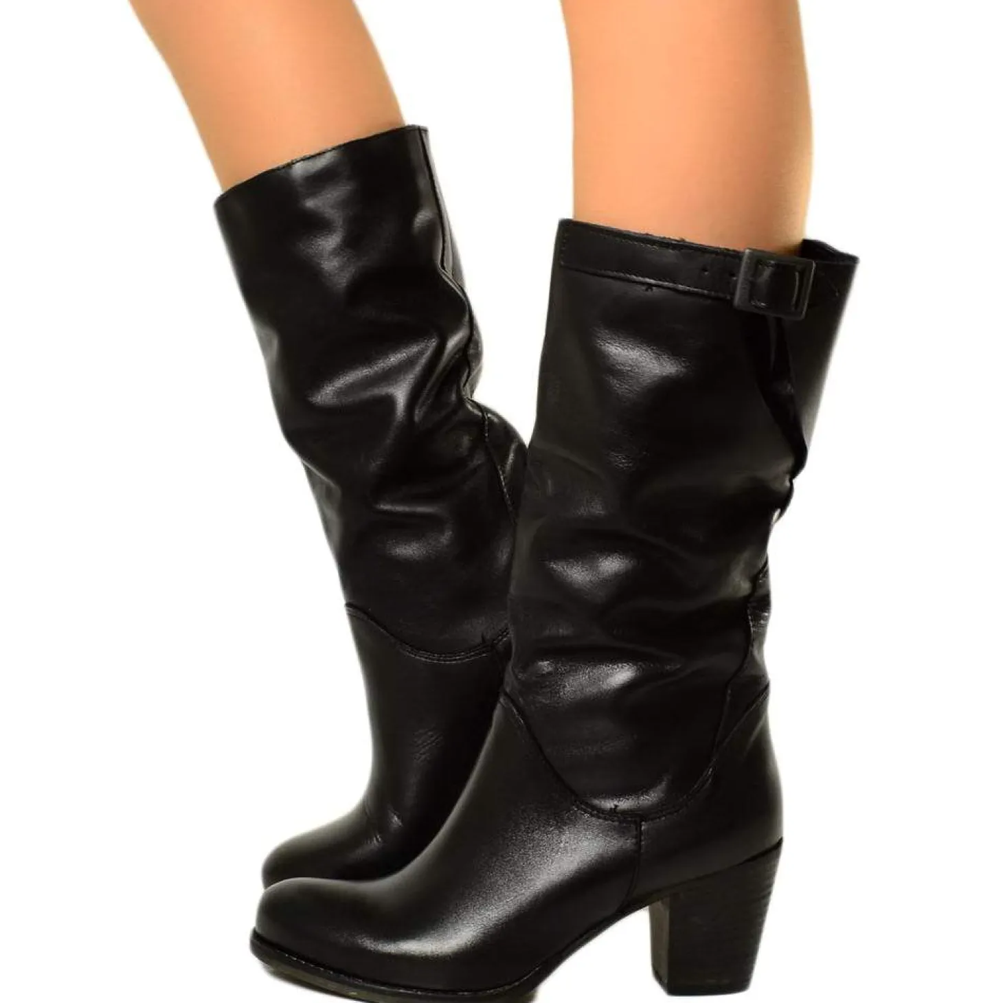 Black Leather Mid Heel Boots