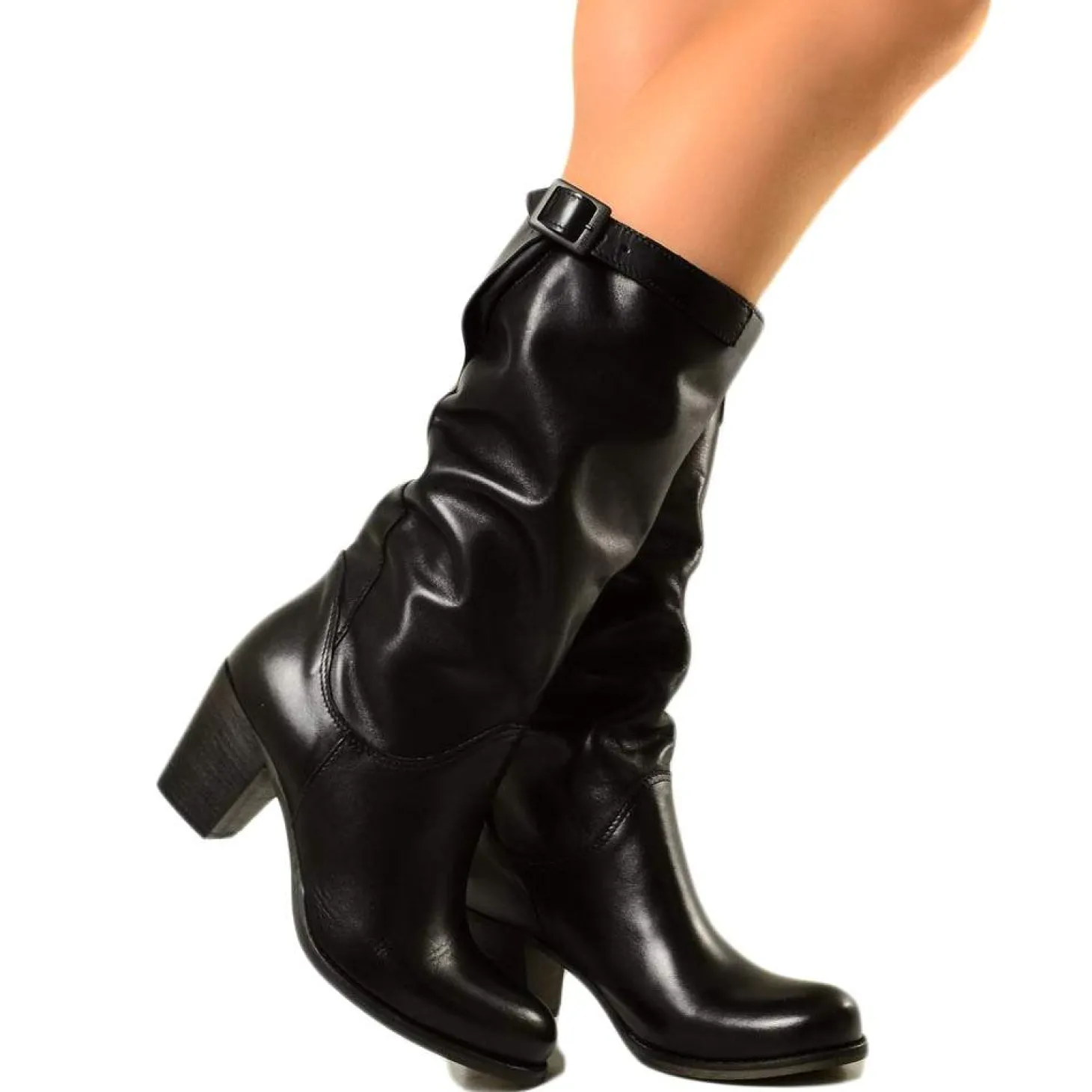 Black Leather Mid Heel Boots