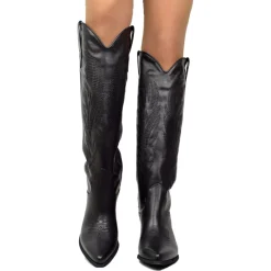Black Leather Texan Boots with Tone on Tone Stitching Made in Italy
