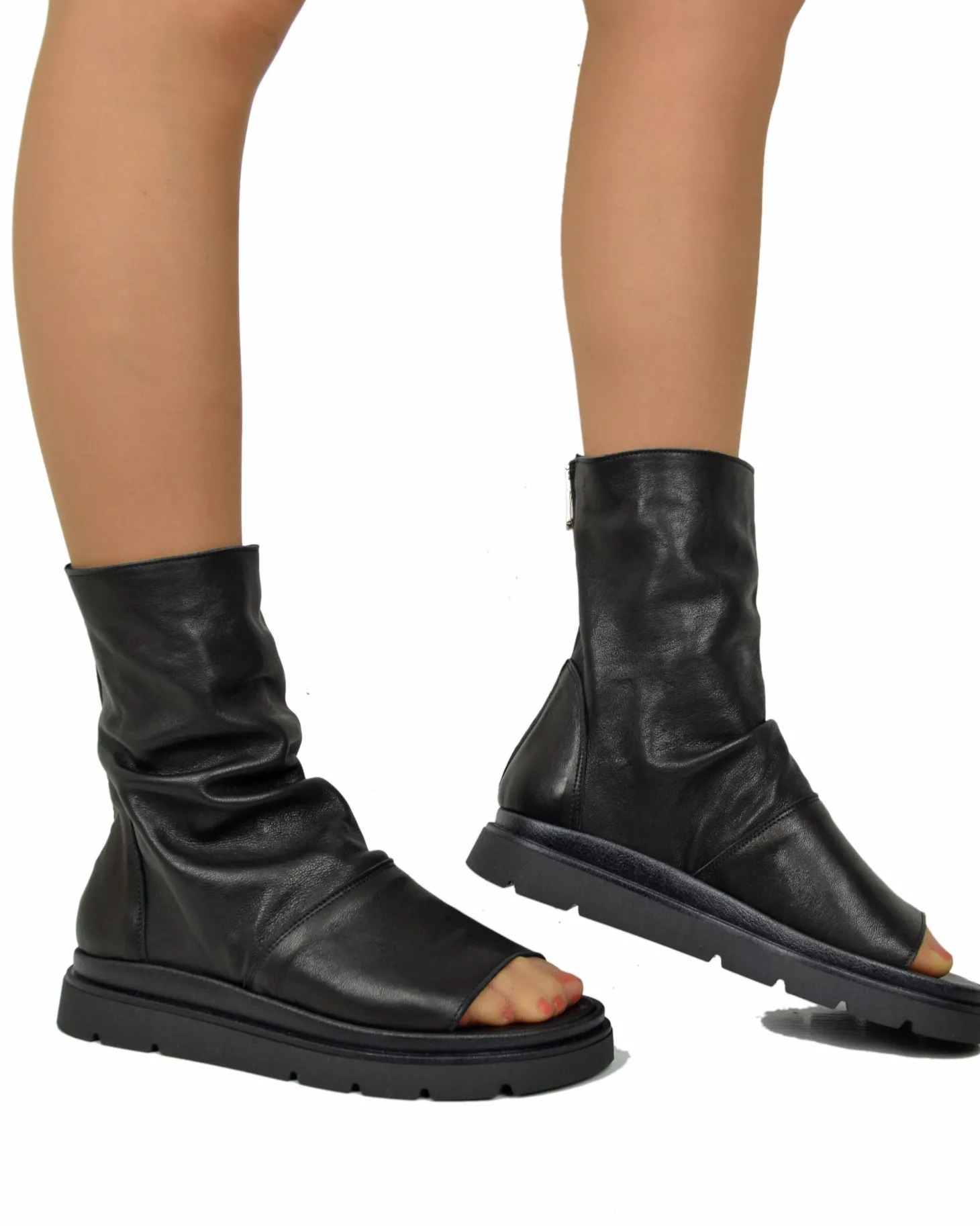 Black Soft Nappa Open Toe Platform Sandals