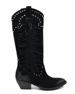 Black Suede Fringed Cowboy Boots – Handmade in Italy