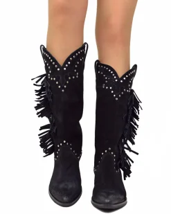 Black Suede Fringed Cowboy Boots – Handmade in Italy