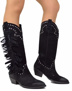 Black Suede Fringed Cowboy Boots – Handmade in Italy