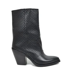 Black Texan Ankle Boots with Perforated Gaiter and Covered Heel