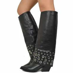 Boots with Gaiter and Silver Ring Studs, Rock Style, Genuine Black Lea