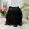 Borsa a Secchiello con Frange Nera in Pelle Scamosciata