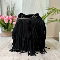 Borsa a Secchiello con Frange Nera in Pelle Scamosciata