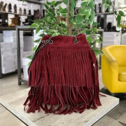 Borsa a Secchiello con Frange Nera in Pelle Scamosciata