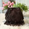 Borsa a Secchiello con Frange Nera in Pelle Scamosciata
