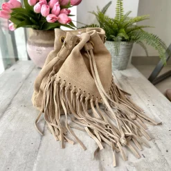 Borsa a Secchiello con Frange Beige in Pelle Nabuk Vintage