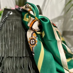 Borsa a Secchiello con Frange Verde + FOULARD in Tinta Vera Pelle Scam