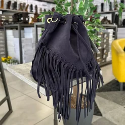 Borsa a Secchiello con Frange Cuoio in Pelle Nabuk Vintage