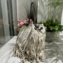 Borsa a Secchiello con Frange Nera in Pelle Scamosciata