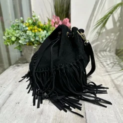 Borsa a Secchiello con Frange Nera in Pelle Nabuk Vintage